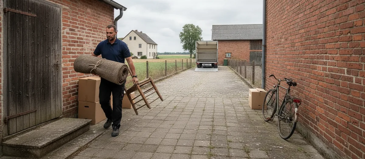 Eine Umzugskraft trägt alte Kisten und Gerümpel aus einem Kellerraum ins Freie