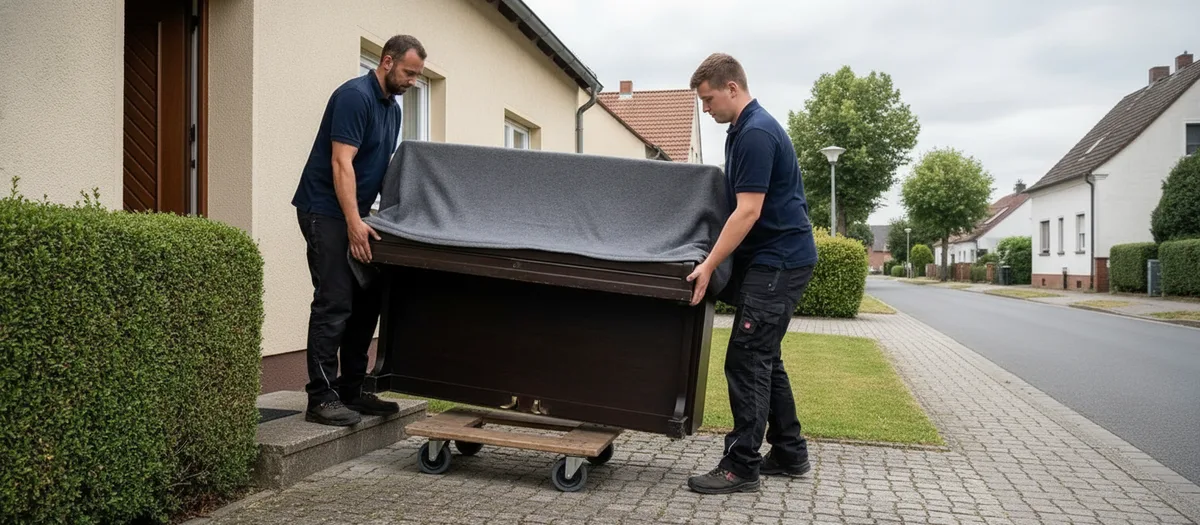 Zwei Umzugskräfte bewegen ein abgedecktes Klavier mit Traggurten über ein Rollbrett