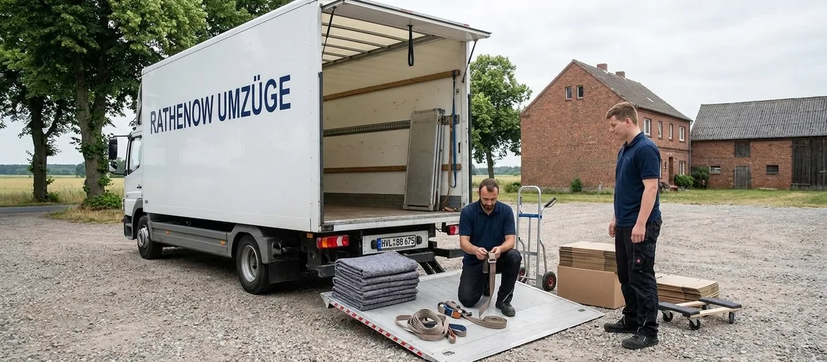 Decken, Gurte, Sackkarre und Klavierroller liegen auf der Rampe des Umzugswagens von Rathenow Umzüge bereit