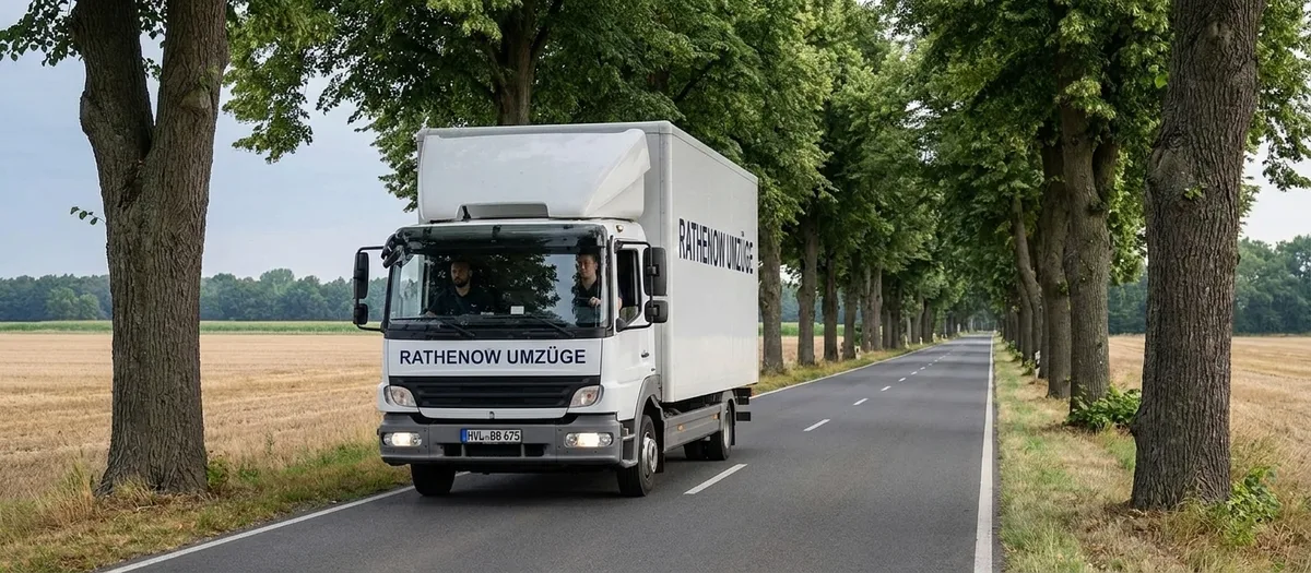 Der Umzugswagen von Rathenow Umzüge fährt über eine Allee zwischen den abgeernteten Feldern des Havellands