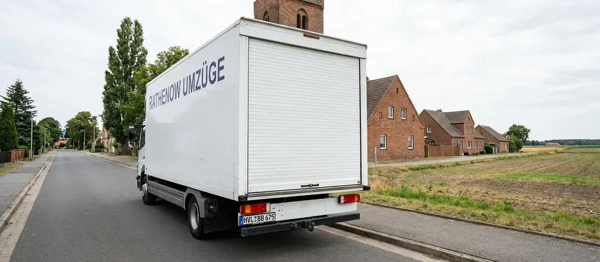 Der Umzugswagen von Rathenow Umzüge steht an einer Dorfstraße im Havelland, hinter den Häusern beginnen die Felder