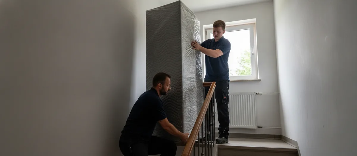 Zwei Helfer tragen einen Kleiderschrank gemeinsam durch ein Treppenhaus