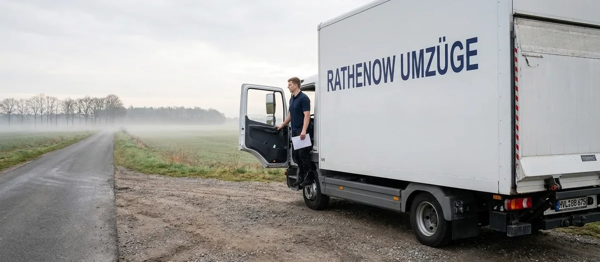 Beladener Umzugswagen auf einer Landstraße zwischen Feldern an einem frühen Morgen